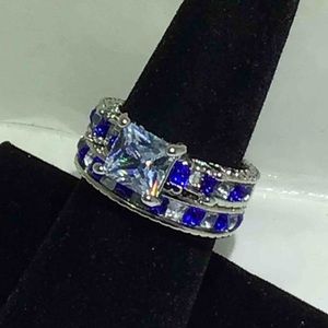 925 silver plated blue/white wedding band set